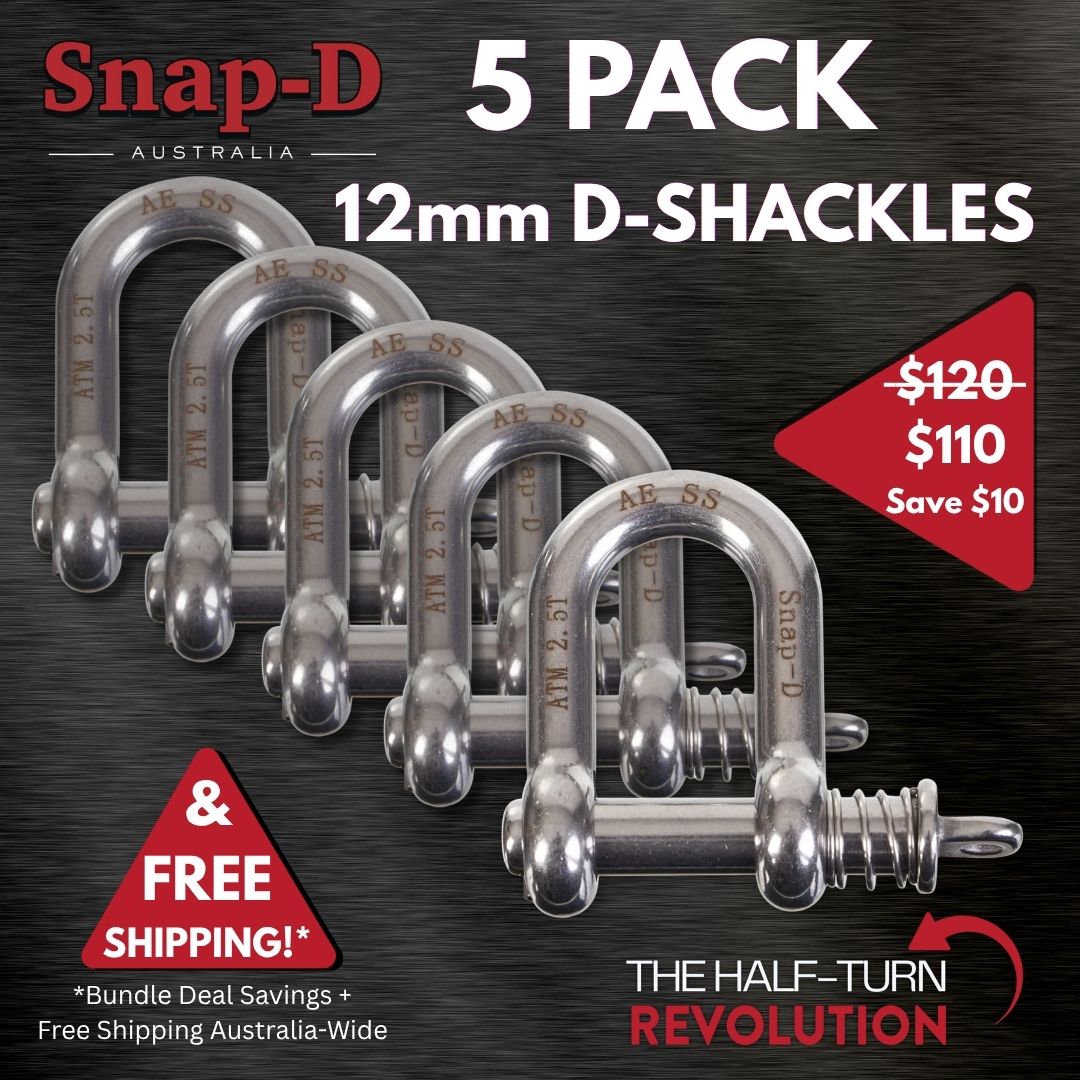 Snap-D Australia 5 Pack 12mm D Shackles bundle deal with free Australia-wide shipping. Patented half-turn quick-release trailer shackles made from premium 304 stainless steel and rated to 2500kg.