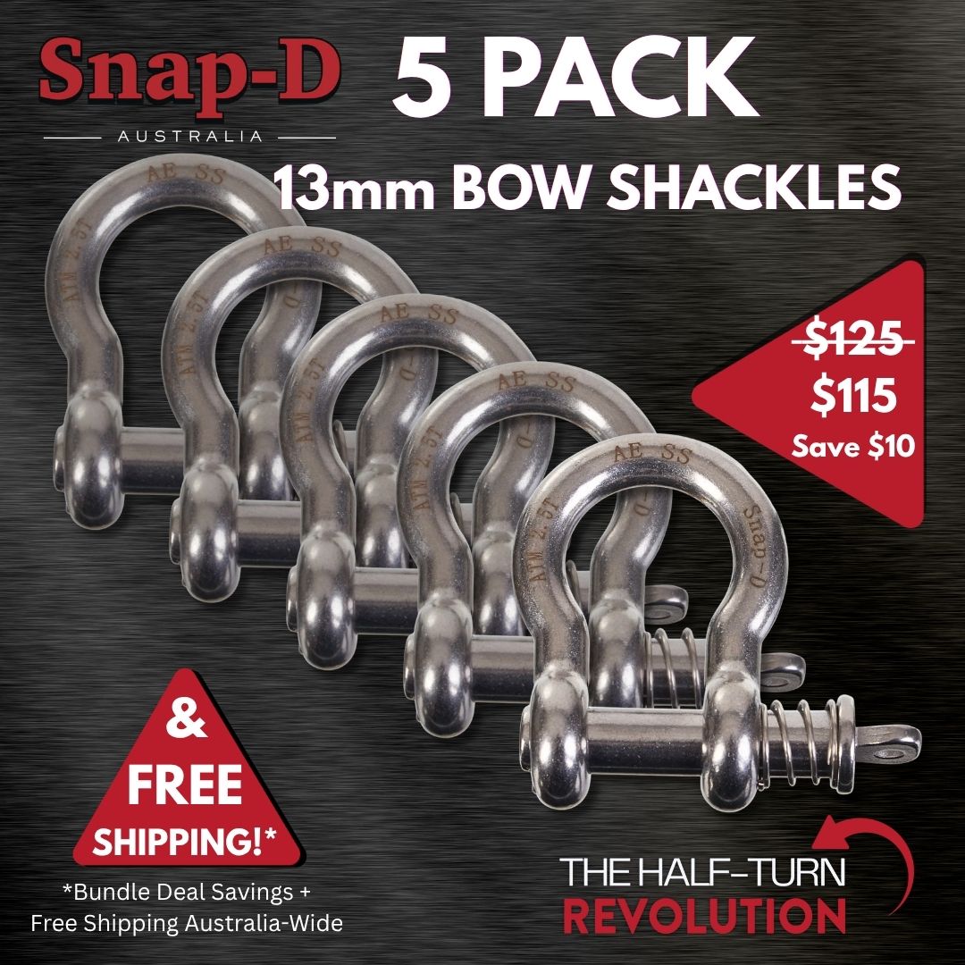 Snap-D Australia 5 Pack 13mm Bow Shackles bundle deal with free Australia-wide shipping. Premium 304 stainless steel quick-release trailer shackles rated to 2500kg maximum towing capacity.