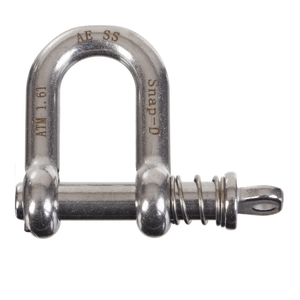 Snap-D 10mm stainless steel D shackle with captive pin and 1600kg ATM towing capacity