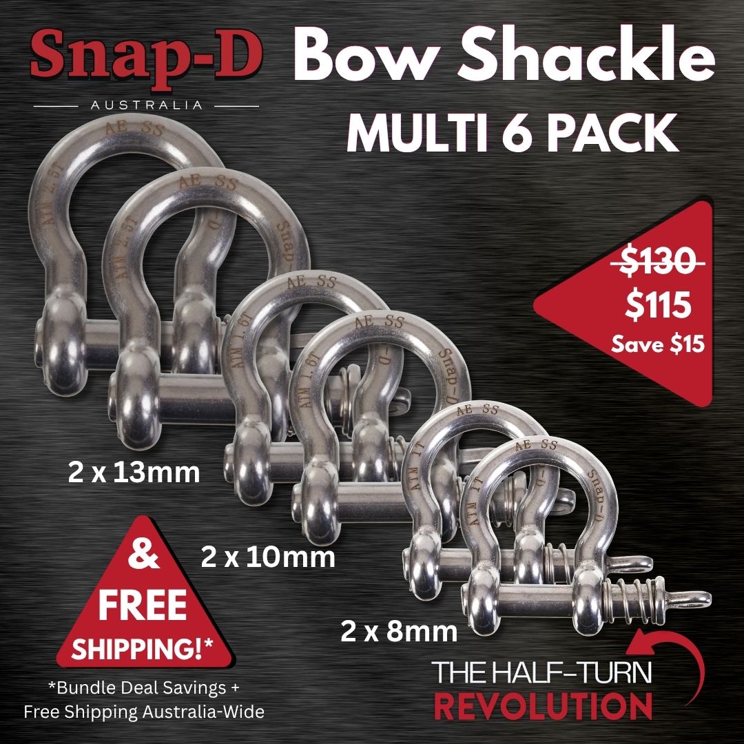 Snap-D Australia Multi Bow Shackle Pack with free Australia-wide shipping. Includes 8mm, 10mm and 13mm quick-release bow shackles made from premium 304 stainless steel for boating, towing and recreational applications.