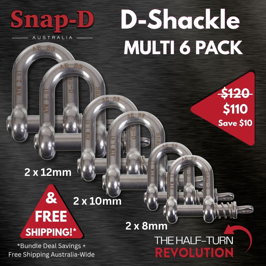 Snap-D Australia Multi D Shackle Pack with free Australia-wide shipping. Includes 8mm, 10mm and 12mm quick-release D shackles made from premium 304 stainless steel for a wide range of towing applications.