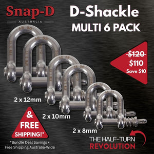Snap-D Australia Multi D Shackle Pack with free Australia-wide shipping. Includes 8mm, 10mm and 12mm quick-release D shackles made from premium 304 stainless steel for a wide range of towing applications.