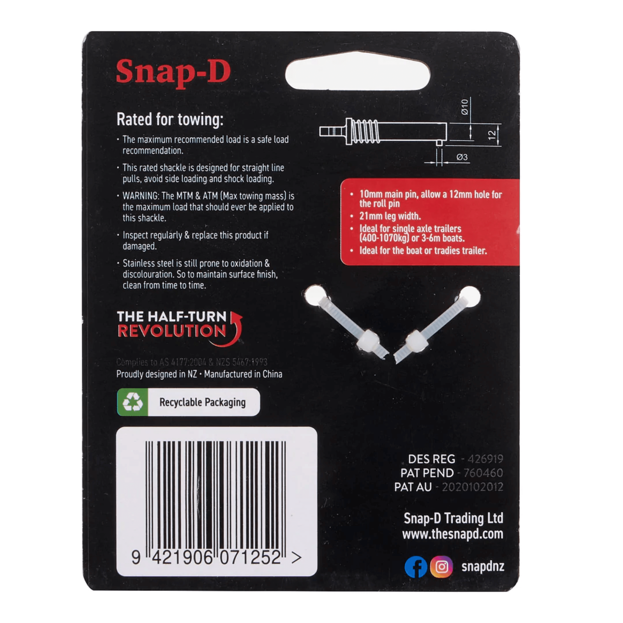 Snap-D 10mm D shackle retail packaging Australia BACK