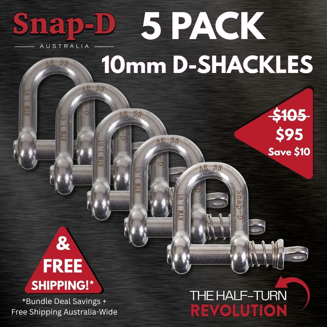 5 Pack Snap-D 10mm D Shackles with free Australia-wide shipping. Premium 304 stainless steel quick-release trailer shackles.