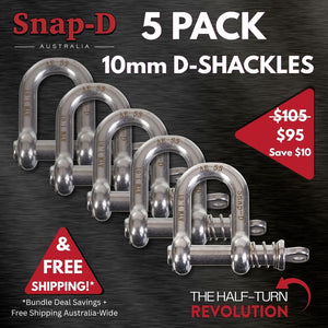 5 Pack Snap-D 10mm D Shackles with free Australia-wide shipping. Premium 304 stainless steel quick-release trailer shackles.