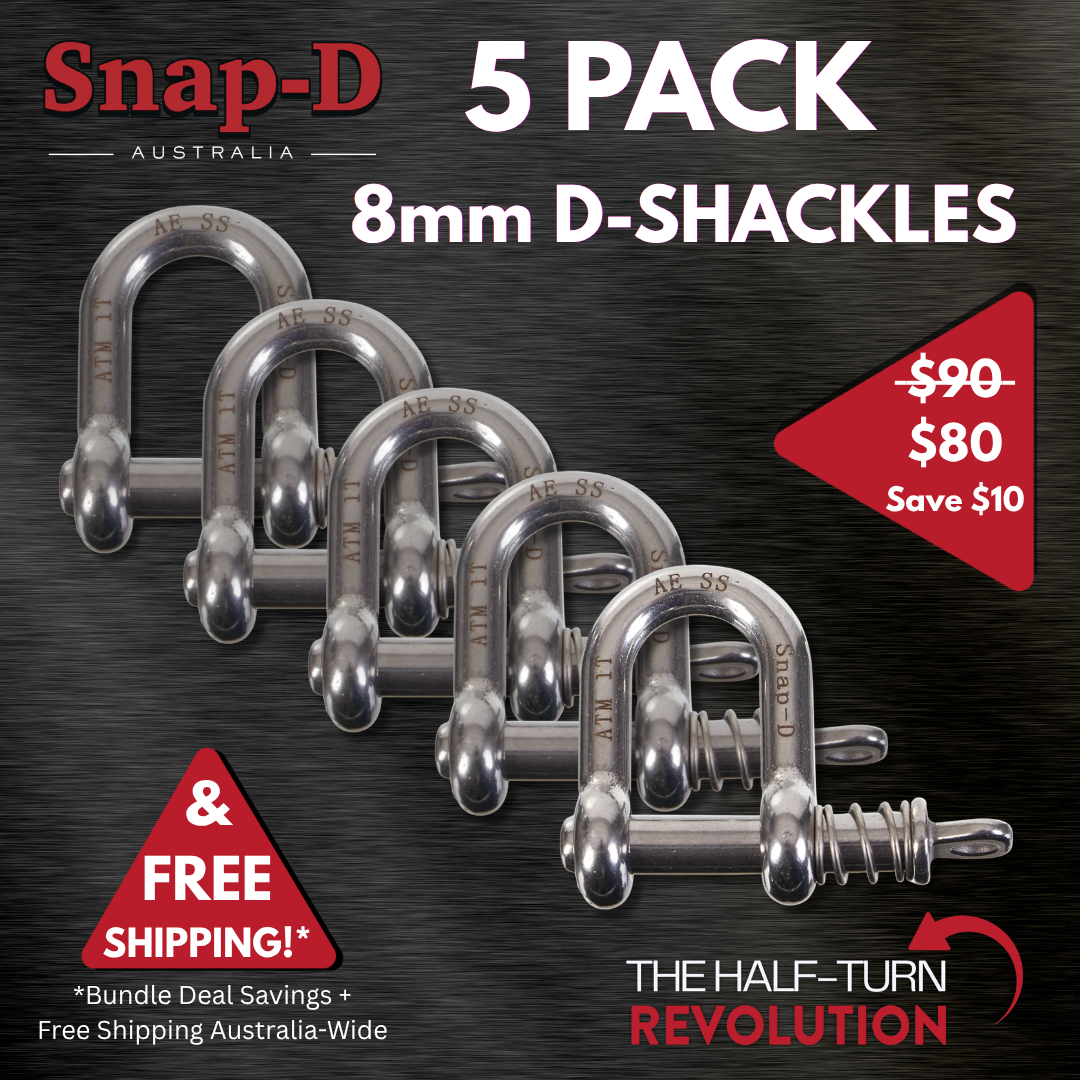 5 Pack Snap-D 8mm D Shackles with free Australia-wide shipping. Premium 304 stainless steel quick-release trailer shackles.