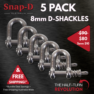 5 Pack Snap-D 8mm D Shackles with free Australia-wide shipping. Premium 304 stainless steel quick-release trailer shackles.