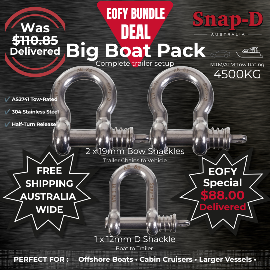 Snap-D Big Boat EOFY Bundle Deal featuring 2 x 19mm Bow Shackles and 1 x 12mm D Shackle. Complete 4500kg ATM trailer setup for offshore boats, cabin cruisers and larger vessels. AS2741 tow-rated stainless steel shackles with free Australia-wide shipping.