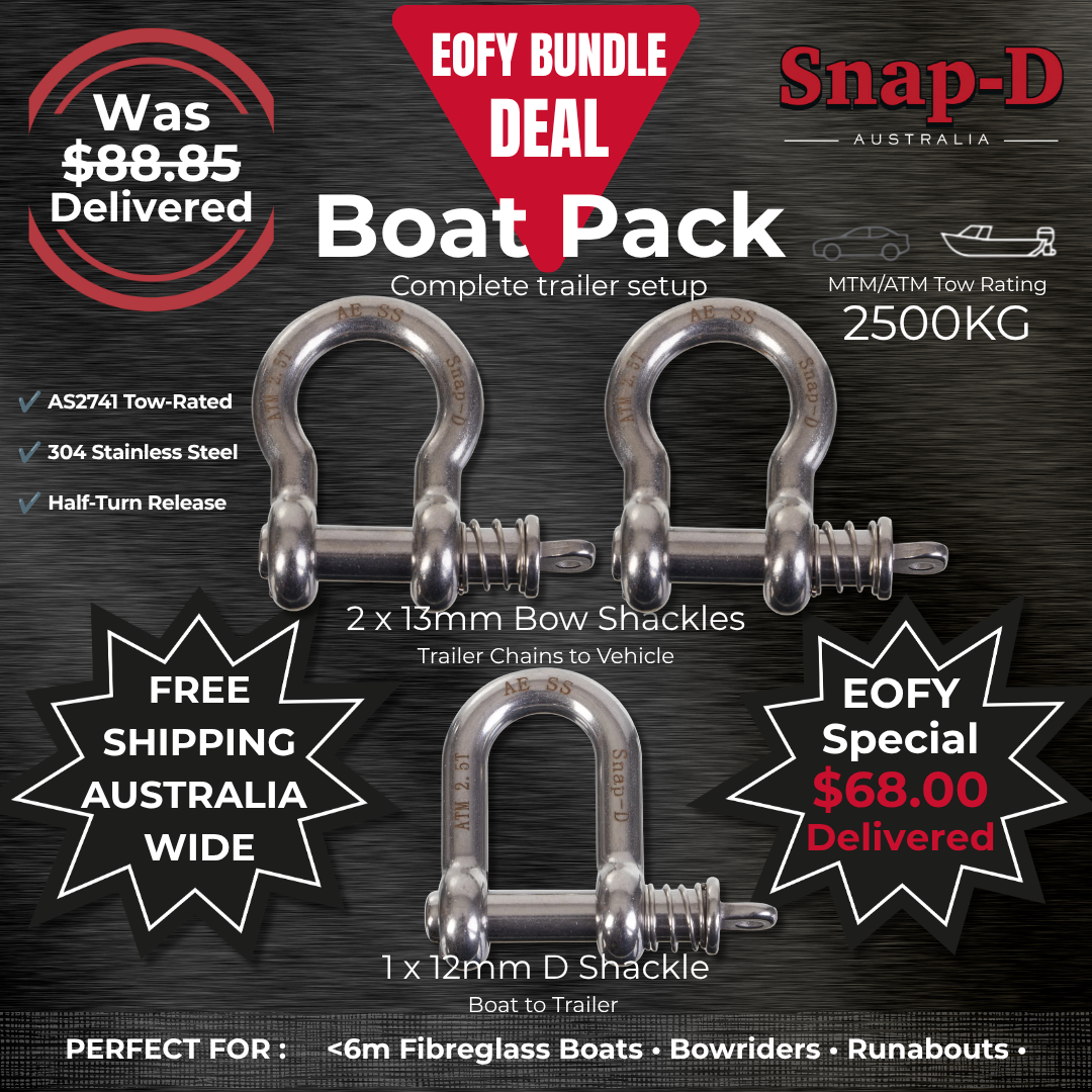 Snap-D Boat EOFY Bundle Deal featuring 2 x 13mm Bow Shackles and 1 x 12mm D Shackle. Complete 2500kg ATM trailer setup for fibreglass boats, bowriders and runabouts. AS2741 tow-rated stainless steel shackles with free Australia-wide shipping.