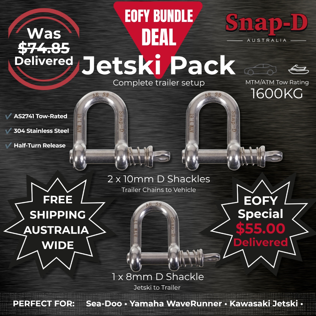 Snap-D Jetski EOFY Bundle Deal featuring 2 x 10mm D Shackles and 1 x 8mm D Shackle. Complete 1600kg ATM trailer setup for Sea-Doo, Yamaha WaveRunner and Kawasaki Jetski trailers. AS2741 tow-rated stainless steel shackles with free Australia-wide shipping.