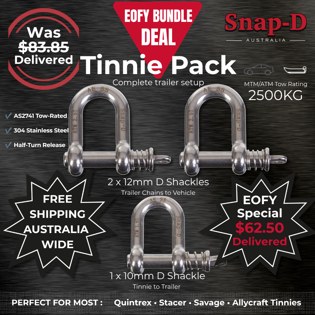 Snap-D Tinnie EOFY Bundle Deal featuring 2 x 12mm D Shackles and 1 x 10mm D Shackle. Complete 2500kg ATM trailer setup for Quintrex, Stacer, Savage and Allycraft tinnies. AS2741 tow-rated stainless steel shackles with free Australia-wide shipping.