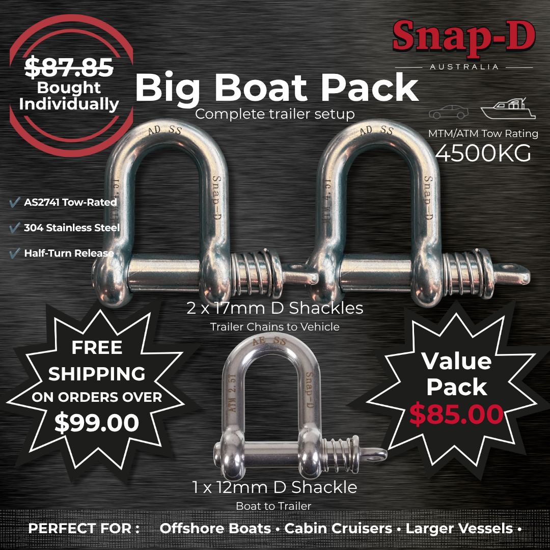 Snap-D Big Boat Trailer Set-Up Pack including two 17mm D Shackles and one 12mm D Shackle for trailers up to 4500kg ATM.