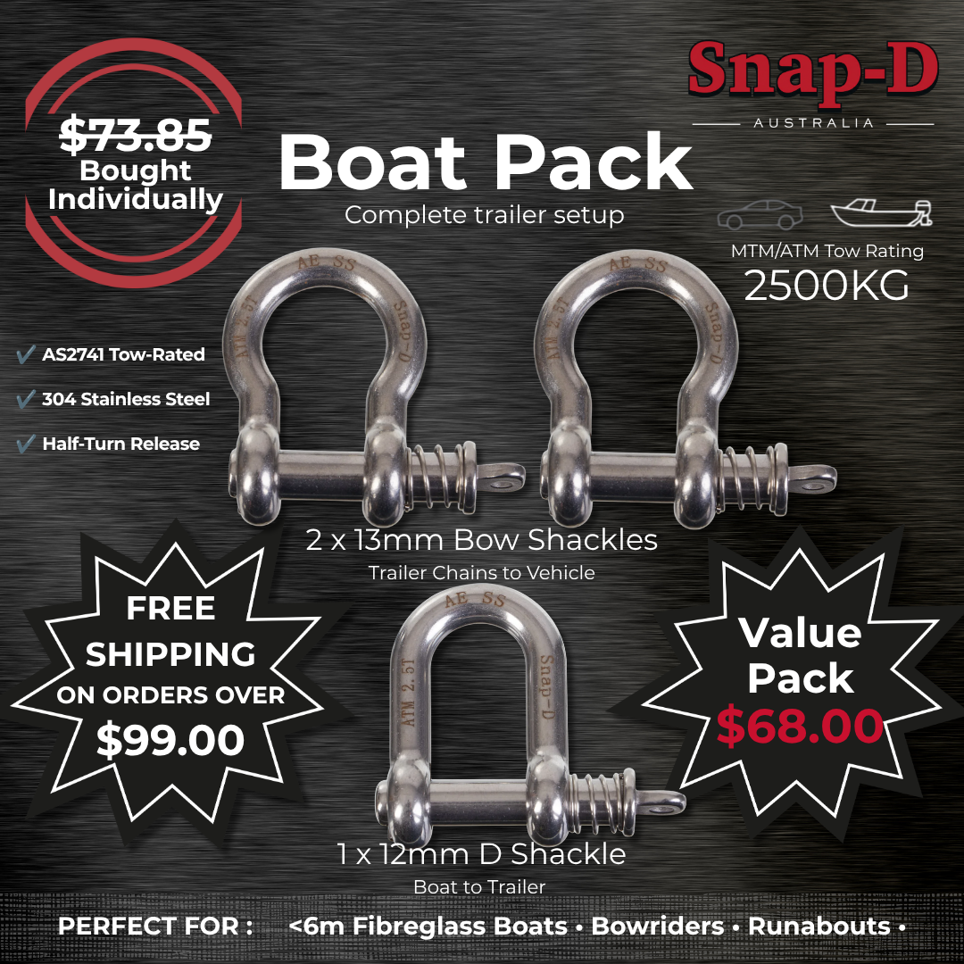 Snap-D Boat Trailer Set-Up Pack including two 13mm Bow Shackles and one 12mm D Shackle for trailers up to 2500kg ATM.