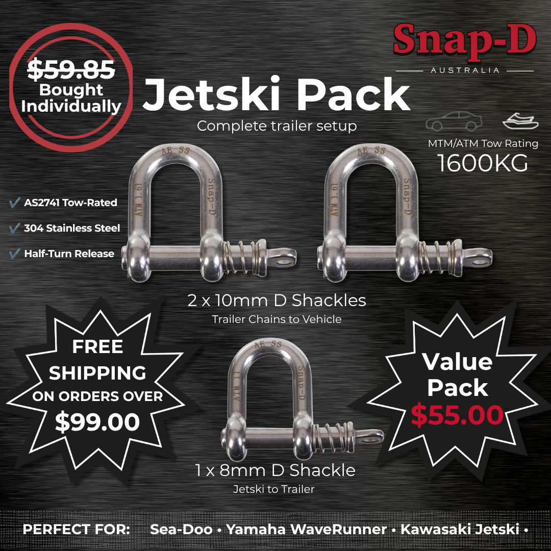 Snap-D Jet Ski Trailer Set-Up Pack including two 10mm D Shackles and one 8mm D Shackle for trailers up to 1600kg ATM.