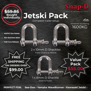 Snap-D Jet Ski Trailer Set-Up Pack including two 10mm D Shackles and one 8mm D Shackle for trailers up to 1600kg ATM.