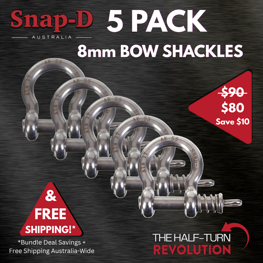 Snap-D Australia 5 Pack 8mm Bow Shackles bundle deal. Save $10 and receive free Australia-wide shipping. Premium 304 stainless steel bow shackles with patented half-turn quick release system.
