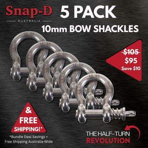 Snap-D Australia 5 Pack 10mm Bow Shackles bundle deal. Save $10 and receive free Australia-wide shipping. Premium 304 stainless steel bow shackles with patented half-turn quick release system.