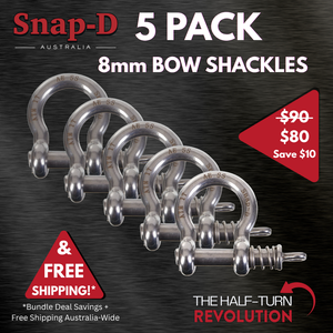Snap-D Australia 5 Pack 8mm Bow Shackles bundle deal. Save $10 and receive free Australia-wide shipping. Premium 304 stainless steel bow shackles with patented half-turn quick release system.