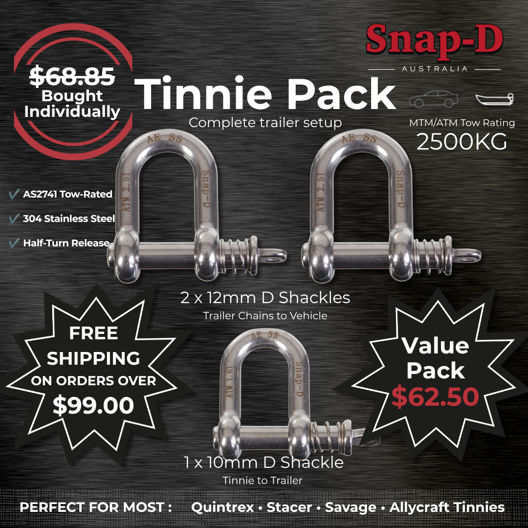 Snap-D Tinnie Trailer Set-Up Pack including two 12mm D Shackles and one 10mm D Shackle for boat trailers up to 2500kg ATM.